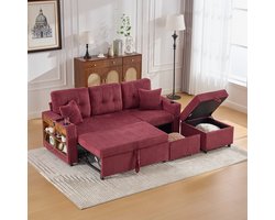 Multifunctionele Corduroy Bank met Opbergruimte en een Uitschuifbaar Bed, Slaapbank, Logeerbank, 3-Zits Bank, Inclusief USB-C-poort, Sfeerverlichting, Bekerhouders, Brede Armleuningen, Modern Design voor Woonkamer en Logeerkamer-Rood