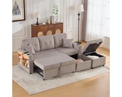 Multifunctionele Corduroy Bank met Opbergruimte en een Uitschuifbaar Bed, Slaapbank, Logeerbank, 3-Zits Bank, Inclusief USB-C-poort, Sfeerverlichting, Bekerhouders, Brede Armleuningen, Modern Design voor Woonkamer en Logeerkamer-Lichtgrijs
