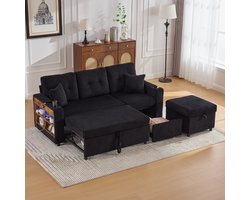 Multifunctionele Corduroy Bank met Opbergruimte en een Uitschuifbaar Bed, Slaapbank, Logeerbank, 3-Zits Bank, Inclusief USB-C-poort, Sfeerverlichting, Bekerhouders, Brede Armleuningen, Modern Design voor Woonkamer en Logeerkamer-Zwart