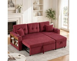 Multifunctionele Corduroy Bank met Opbergruimte en een Uitschuifbaar Bed, Slaapbank, Logeerbank, 3-Zits Bank, Inclusief USB-C-poort, Sfeerverlichting, Bekerhouders, Brede Armleuningen, Modern Design voor Woonkamer en Logeerkamer-Rood