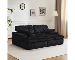 Multifunctionele Corduroy Slaapbank - Opvouwbaar, Met 2 Armleuningen - Comfortabel 4-in-1 Ontwerp – Voor 2 Personen - Direct gebruiksklaar - Extra bed voor gasten - Woonkamer & slaapkamer – 214x145x89cm - Zwart