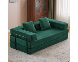 Multifunctionele Corduroy Slaapbank - Slaapbank met vast frame - Opvouwbaar, Met 2 Kussens en Armleuningen - Comfortabele 2-in-1 Sofa en Bed–Voor 2 Personen - Bank, Lounger, Guest Bed – Voor Appartement of Kleine Ruimtes - Donkergroen