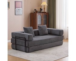 Multifunctionele Corduroy Slaapbank - Slaapbank met vast frame - Opvouwbaar, Met 2 Kussens en Armleuningen - Comfortabele 4-in-1 Ontwerp–Voor 2 Personen - Bank, Lounger, Guest Bed – Voor Appartement of Kleine Ruimtes - Donkergrijs