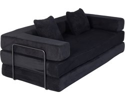 Multifunctionele Corduroy Slaapbank - Slaapbank met vast frame - Opvouwbaar, Met 2 Kussens en Armleuningen - Comfortabele 4-in-1 Ontwerp–Voor 2 Personen - Bank, Lounger, Guest Bed – Voor Appartement of Kleine Ruimtes - Zwart