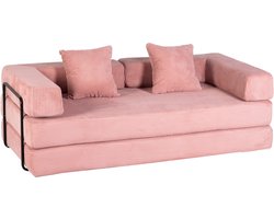 Multifunctionele Corduroy Slaapbank - Slaapbank met vast frame - Opvouwbaar, Met 2 Kussens en Armleuningen - Comfortabele 4-in-1 Ontwerp–Voor 2 Personen - Bank, Lounger, Guest Bed – Voor Appartement of Kleine Ruimtes - Roze