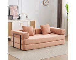 Multifunctionele corduroy slaapbank – vast frame – met 2 kussens en armleuningen – comfortabele 2-in-1 slaapbank – geschikt voor 2 personen – te gebruiken als logeerbed, bank en ligstoel – ideaal voor appartement en kleine ruimtes – abrikooskleur