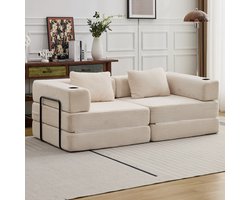 Multifunctionele Corduroy Slaapbank–Vaste Framebank – Opvouwbaar met 2 Kussens en Armleuningen–Comfortabel 2-in-1 Ontwerp – Geschikt voor 2 Personen – Te Gebruiken als Bank, Ligstoel en Logeerbed – Ideaal voor Appartementen of Kleine Ruimtes – Wit
