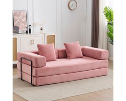 Multifunctionele Corduroy Slaapbank–Vaste Framebank–Opvouwbaar met 2 Kussens en Armleuningen–Comfortabel 2-in-1 Ontwerp–Geschikt voor 2 Personen-Te Gebruiken als Logeerbed, Bank en Ligstoel–Ideaal voor Woonkamer, Appartement of Kleine Ruimtes–Roze