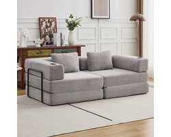 Multifunctionele Corduroy Slaapbank–Vaste Framebank–Opvouwbaar met 2 Kussens en Armleuningen–Comfortabel 2-in-1 Ontwerp–Geschikt voor 2 Personen–Te Gebruiken als Bank, Ligstoel en Logeerbed – Ideaal voor Appartementen of Kleine Ruimtes–Lichtgrijs
