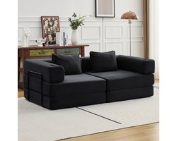 Multifunctionele Corduroy Slaapbank-Vaste Framebank–Opvouwbaar met 2 Kussens en Armleuningen–Comfortabel 2-in-1 Ontwerp–Geschikt voor 2 Personen–Te Gebruiken als Bank, Ligstoel en Logeerbed–Ideaal voor Appartementen of Kleine Ruimtes–Zwart