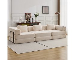 Multifunctionele Corduroy Slaapbank – Vaste Framebank–Opvouwbaar met 2 Kussens en Armleuningen–Comfortabel 3-in-1 Ontwerp–Geschikt voor 3 Personen-Te Gebruiken als Bank, Ligstoel en Logeerbed –Ideaal voor Appartementen of Kleine Ruimtes–Wit