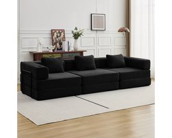 Multifunctionele Corduroy Slaapbank–Vaste Framebank–Opvouwbaar met 2 Kussens en Armleuningen–Comfortabel 3-in-1 Ontwerp–Geschikt voor 3 Personen– Te Gebruiken als Bank, Ligstoel en Logeerbed–Ideaal voor Appartementen of Kleine Ruimtes–Zwart