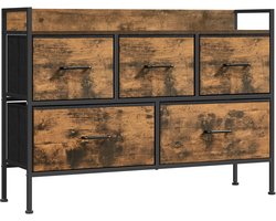 Multifunctionele Dressoirkast 5 Lades Handgrepen Stalen Frame MDF Opbergkast Ladenkast Vintage Bruin & Zwart 29x98,2x70cm Zij Beschermstangen Verhoogde Beschermrand Achterkant Afdekplaat Beschermd Tegen Vallen- Extra Veiligheid 11,2kg Stabiel & Sterk