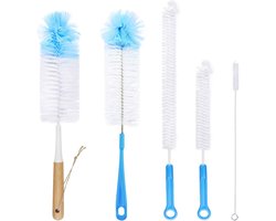 Multifunctionele Flesborstel Set - 5-Delig - Keuken Accessoires - Reinigingsborstels Voor Flessen - Bekers - Thermosflessen - Babyflesjes - Rieten - Bamboe Handvat - Voedselveilige Materialen - Inclusief Ophangsysteem