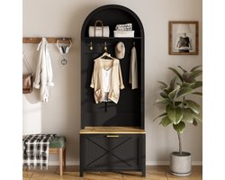 Multifunctionele garderobekast met schoenenrek, opbergruimte en haken – Hall Tree voor de hal, duurzame MDF-kast, modern design, stabiele ijzeren poten, praktische opbergruimte, zwart