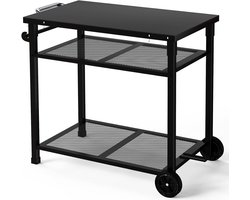 Multifunctionele grill trolley met 3 verdiepingen, keukenwagen met papieren houder en haken, ideaal voor buitengebruik en als bijzettafel (zwart)