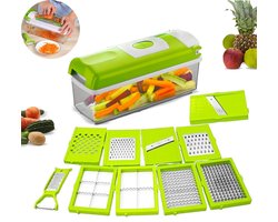 Multifunctionele groentesnijder - 12-in-1 professionele voedselhakker met opvangbak - Groentesnijder - Blokjessnijder - Voedselhakker - Groenterasp - Fruitsnijder - Groen - Een keukengadget dat snijden, blokjes snijden en raspen combineert.