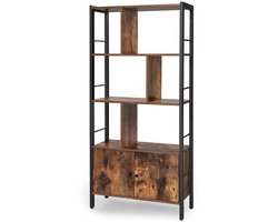 Multifunctionele grote boekenkast, opbergkast met 6 open vakken en 2 deuren, stevig metalen frame, verstelbare poten, legplanken met antislip, 74×30×154,5 cm, bruin en zwart, modern eenvoudig design,