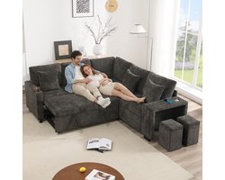 Multifunctionele Hoekbank, L-Bank, 4-Zits Bank, L-Vormige Converteerbare Slaapbank, Hoekbank Met Slaapfunctie En Opbergruimte, Bekerhouders, Brede Armleuningen, USB Oplaadpoort, Chenille Stof, Grijs