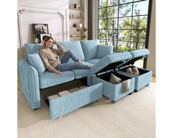 Multifunctionele Hoekbank, U-Bank, 3-Zits Bank, Moderne Hoekbank, U-vormige Driezitsbank met Opbergruimte – Inclusief Lades + poef met Opbergvak, Modulaire Bankset met Slaapfunctie, Chenille-Blauw