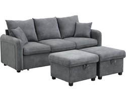 Multifunctionele hoekbank U-vormige driezitsbank met opbergfunctie – inclusief lades + voetenbank met opbergvak – modulair demonteerbare bankstel met slaapfunctie – chenille bekleding