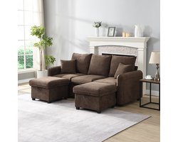 Multifunctionele hoekbank U-vormige driezitsbank met opbergfunctie – inclusief lades + voetenbank met opbergvak – modulair demonteerbare bankstel met slaapfunctie – chenille bekleding