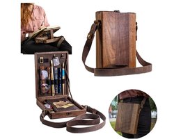 Multifunctionele Houten Schoudertas - Vintage Design Voor Kunstenaars & Schrijvers - Kunstenaarsgereedschapset - penseel,gereedschapsopbergdoos - schetsdoos - schildersezel - Met Opbergvakken En Verstelbare Riem - 25x19x6 cm