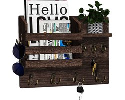 Multifunctionele Houten Wandorganizer met 13 Haken -Sleutelrek met plank- Sleutelkast-Compact en Landelijk -34 x 22 cm -bruin