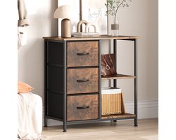 Multifunctionele industriële kast bruin | 3 stoffen lades & open opbergvakken | Geschikt als nachtkastje, halkast, keukenkast, kledingkast en printerkast | 70x29x75 cm