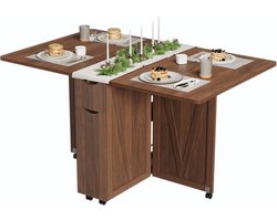 Multifunctionele Inklapbare Eettafel op Wielen met Opbergruimte - Ruimtebesparende Keukentafel voor Kleine Ruimtes - Met Lade & Planken - bruin