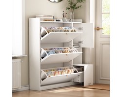 Multifunctionele kantelbare schoenenkast met 3 inklapbare lades - opbergingang organizer met inklapbare bank - wit - 119x24x122cm