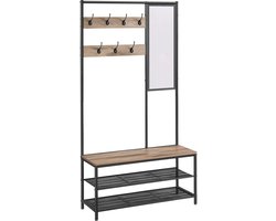Multifunctionele Kapstok met Spiegel en Schoenenrek - 7 Haken - Zwart met Camel Bruin - 98 cm Bank en Verstelbare Plank - Robuuste Kledinghanger voor Hal en Entree