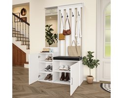 Multifunctionele Kapstok met Spiegel Wit – Kapstok met 4 Haken, 2 Schoenenkasten en Bank, Garderobe voor Hal/Slaapkamer(6-in-1 Design)