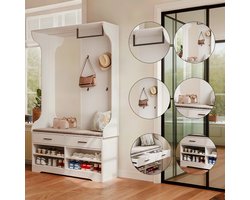 Multifunctionele Kapstok – Wit – Met Spiegel, Kledingstang, Kapstokhaken en Schoenenrek – Ruime Opbergruimte voor Jassen, Tassen en Schoenen – Halmeubel