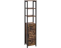 Multifunctionele Kast Hoge Kast Opbergkast Badkamerkast 37x30x167cm Met Open Vakken en Houten Deuren Verstelbare Planken Stevig Metalen Frame Bruin + Zwart Geschikt voor Woonkamer Slaapkamer Keuken
