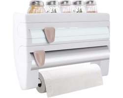 Multifunctionele Keukenrolhouder met Plank en Foliesnijder - Wit - Organizer voor Keukengereedschap - Papieren Handdoekhouder met Aluminiumfolie en Vershoudfolie Snijder