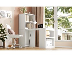 Multifunctionele Klaptafel - 2-in-1 Bureau Met Boekenkast - Ruimtebesparend Design Met 4 Opbergvakken - Stevige PB Constructie - Voor Thuiswerk, Studiekamer Of Kantoor - Wit
