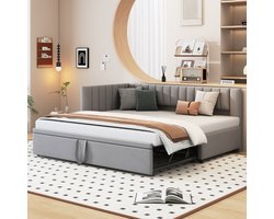 Multifunctionele L-vormige slaapbank met uitschuifbed 90/180*200 cm, gestoffeerd bed in fluweel, ruimtebesparend ontwerp voor kinderbed, logeerbed Grijs