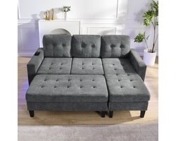 Multifunctionele L-vormige woonkamerbankstel: met extra grote verplaatsbare voetenbank + LED-sfeerverlichting - driezits L-vormige bank + tweezits voetenbankcombinatie - Modern modulair slaapbank