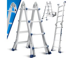 Multifunctionele ladder - Vouwladder schuifladder - Klus Klussen - 3-in-1 ontwerp - 402 cm lengte - Zilver blauw