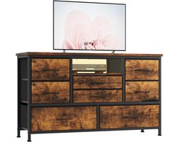 Multifunctionele Ladekast & TV-Meubel met 8 Lades - Met LED-Verlichting & Oplaadstation (Stopcontacten + USB) - Metalen Frame & Stoffen Lades - 121x37x76 cm - bruin