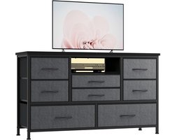 Multifunctionele Ladekast & TV-Meubel met 8 Lades - Met LED-Verlichting & Oplaadstation (Stopcontacten + USB) - Metalen Frame & Stoffen Lades - 121x37x76 cm - Donkergrijs