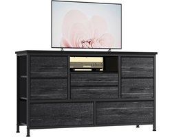 Multifunctionele Ladekast & TV-Meubel met 8 Lades - Met LED-Verlichting & Oplaadstation (Stopcontacten + USB) - Metalen Frame & Stoffen Lades - 121x37x76 cm - Zwart grijs