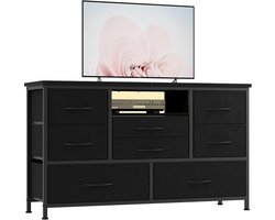 Multifunctionele Ladekast & TV-Meubel met 8 Lades - Met LED-Verlichting & Oplaadstation (Stopcontacten + USB) - Metalen Frame & Stoffen Lades - 121x37x76 cm - Zwart