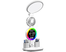 Multifunctionele LED-bureaulamp – met ventilator, digitale tijd- en temperatuurweergave – 3 kleurtemperatuurstanden – traploos dimbaar – inklapbare pennenhouder – ronde lampkop – touchbediening – bureaulamp – nachtlampje