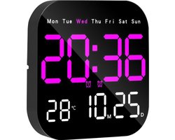 Multifunctionele LED-wandklok met afstandsbediening, timer, aftelfunctie en temperatuurweergave, paars.