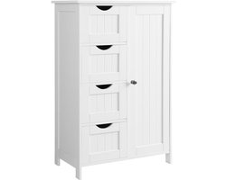 Multifunctionele Opbergkast 55 x 30 x 81 cm Wit, Badkamerkast met 4 Laden en Deur met Verstelbare Plank, Vrijstaande Houten Kast van MDF, Modern Design voor Badkamer, Woonkamer, Keuken en Hal
