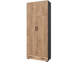 Multifunctionele opbergkast 80x201 cm met lade en opzetmodule - antraciet/goud eiken