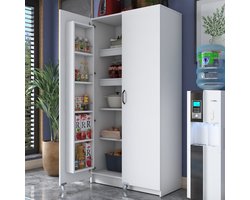 Multifunctionele Opbergkast met Wielen – 2-Deurs Voorraadkast/Keukenkast – Meerdere Legplanken – Wit – Modern Design