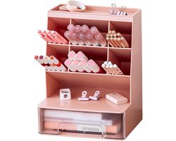 Multifunctionele Penhouder Organiser met 6 Compartimenten en Lade voor Kantoor en Thuisgebruik, Ideaal voor Pennen, Kantoorbenodigdheden en Cosmetica (Roze)